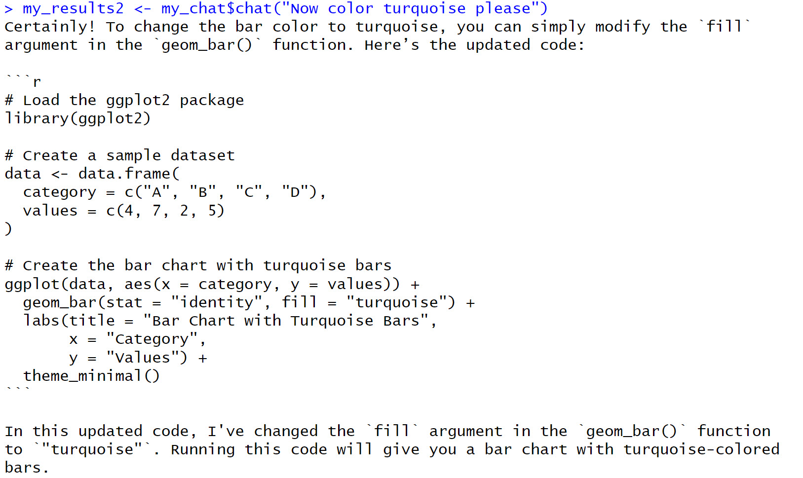 This ellmer chat query includes a history of previous questions and responses.
