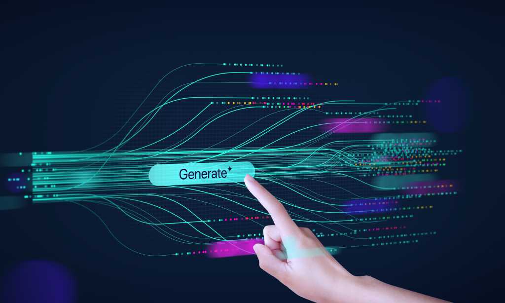 A finger touching a virtual interface with an engaged generative AI concept.