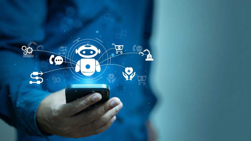 A man in a blue shirt interacts with an AI agent using a mobile device.