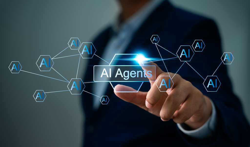 Multi agent AI systems, Businessman holding AI agents, AI driven solutions