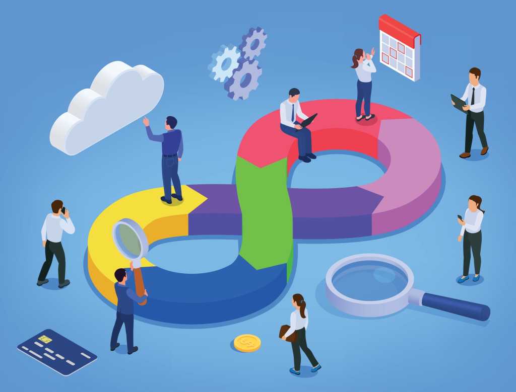 Devops Infographics isometric background abstract with big multicolored infinity sign it icons and small businesspeople characters vector illustration