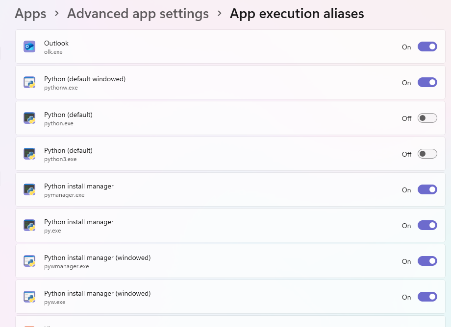 Windows app execution aliases pane, showing Python aliases.