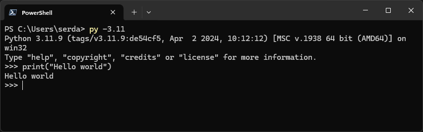 Running Python 3.11 with the Python Installation Manager.