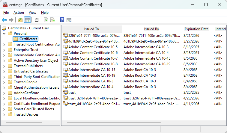 Certificate manager snap-in