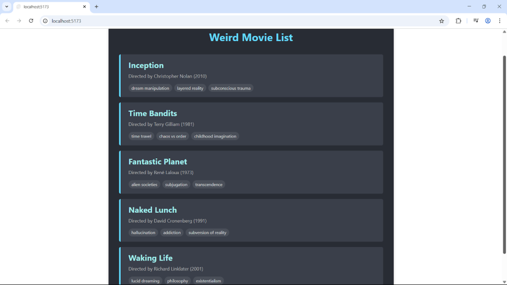 Screenshot of the movie list in a Svelte application.